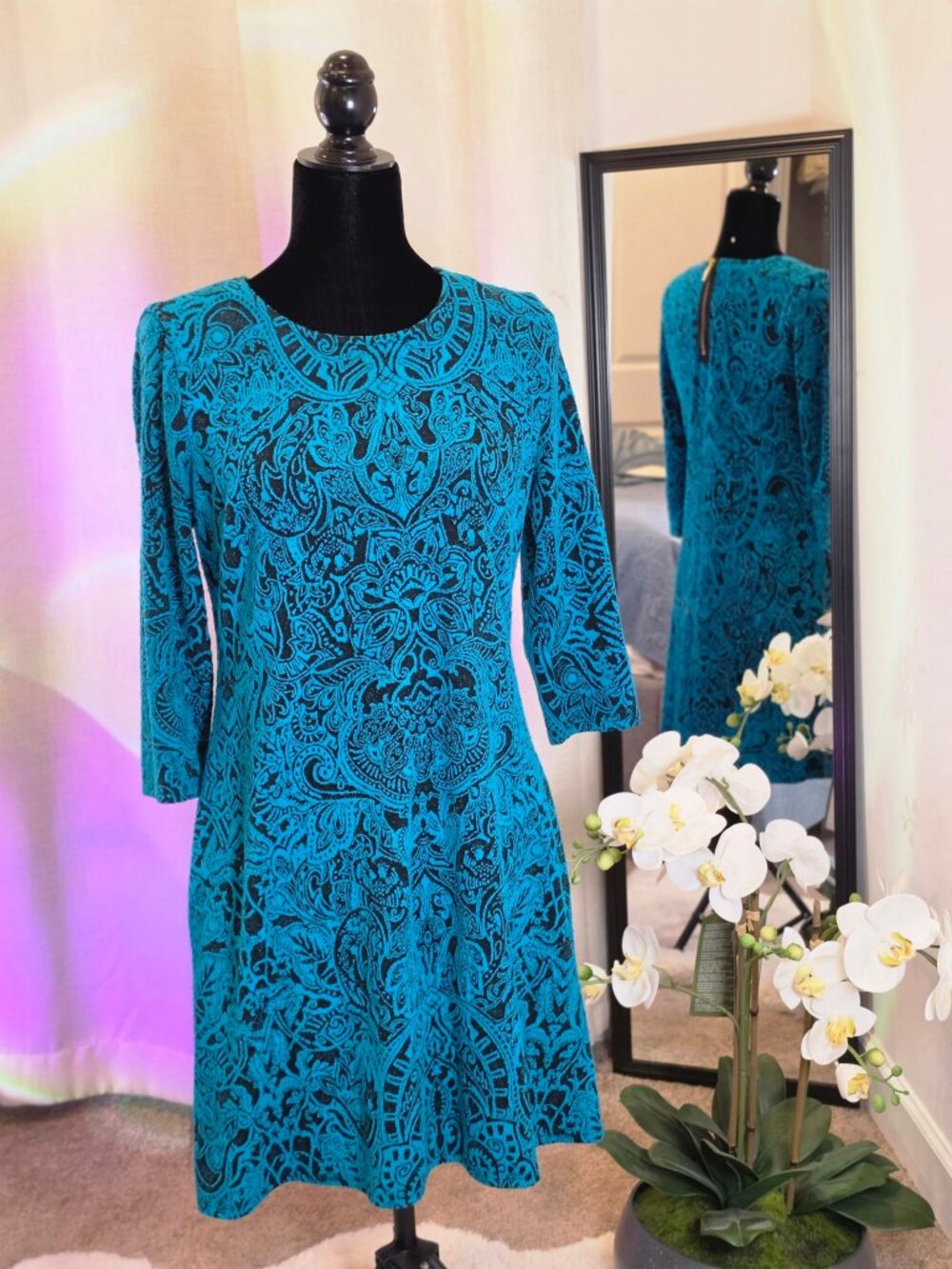 MSK Petite Teal Paisley Fit & Flare Dress Size PM